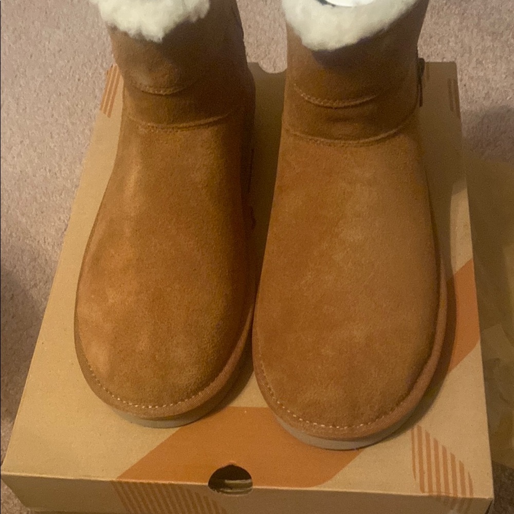 Koolaburra Tan Ankle Boots with Plush Lining and Slip-On Design